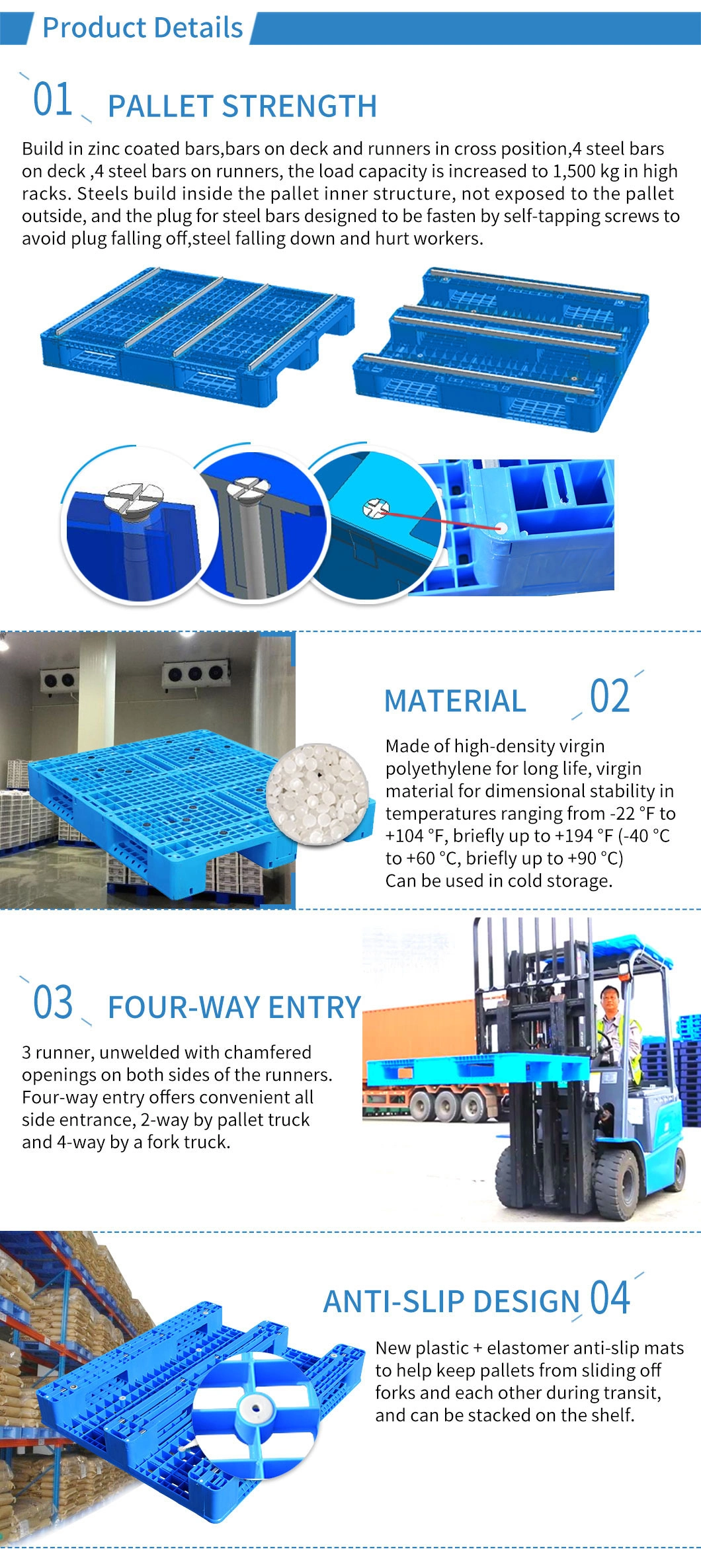 Manufacture OEM Heavy Duty Industrial Steel Reinforced Rack Single Double Face Stacking Grid Solid Cheap HDPE Warehouse Storage Euro Plastic Pallet Price